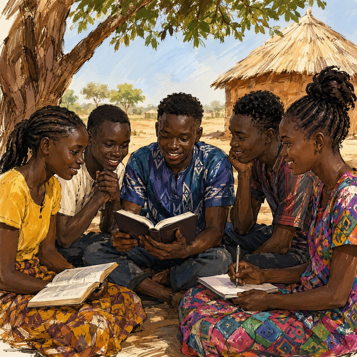 Friends Studying Under the Village Tree